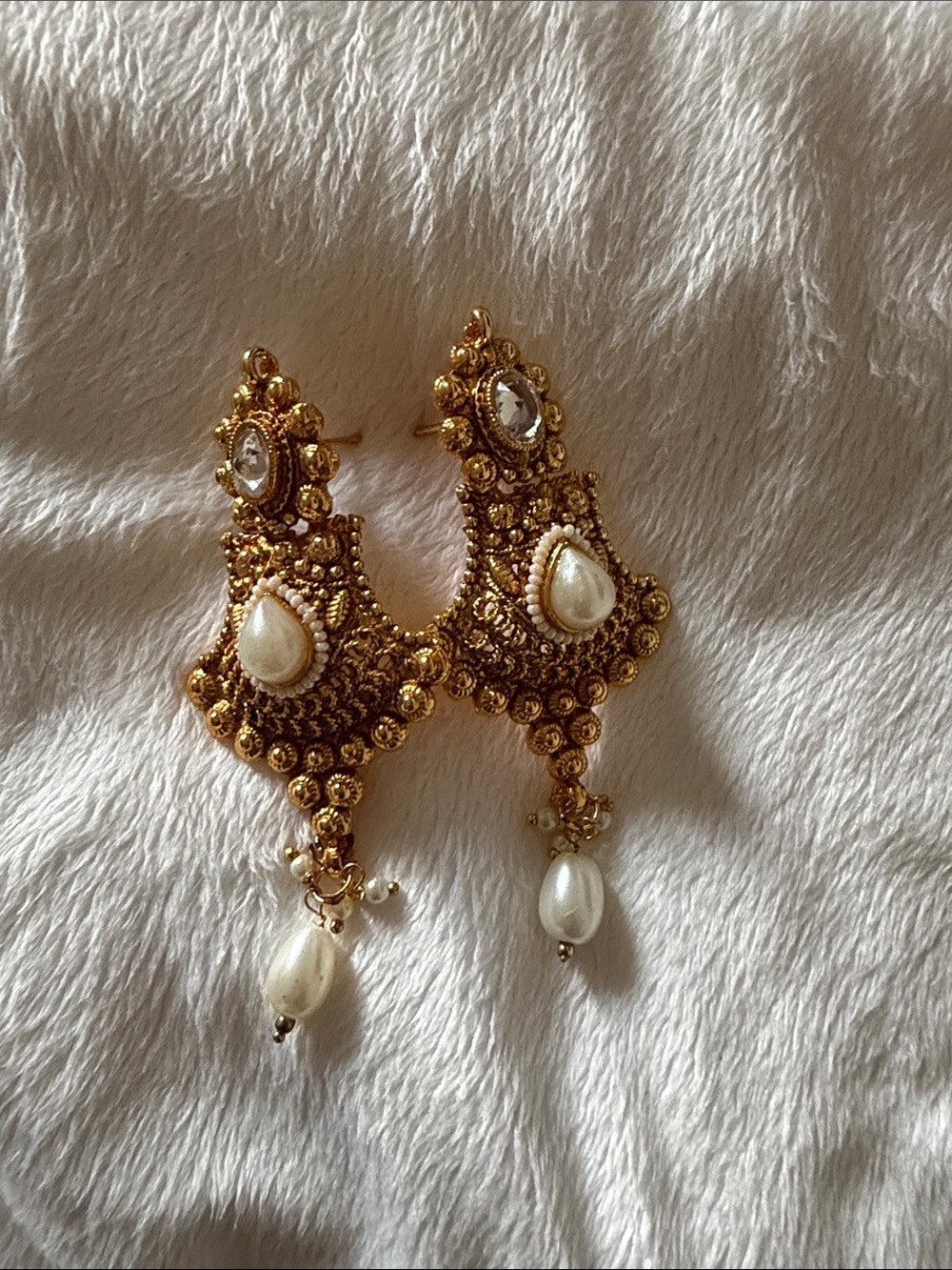 Gold Filigree Teardrop Pearl Dangle Earrings - Unbranded